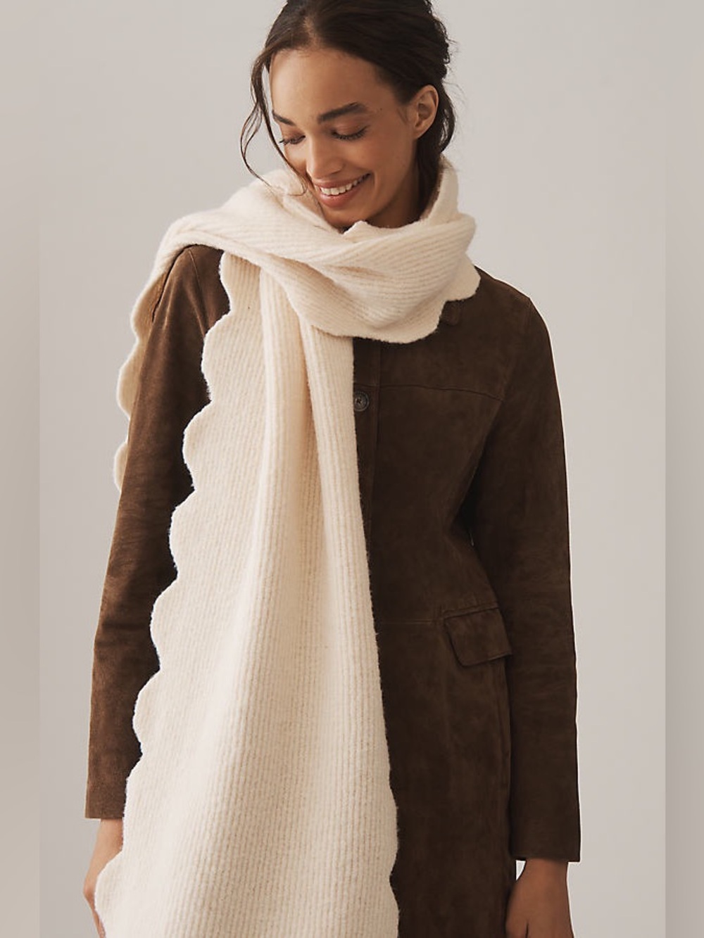 Maeve Anthropologie Cream Scalloped Knit Scarf – Approx. 74” x 16”